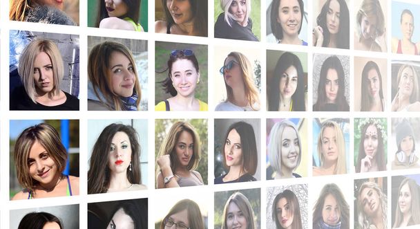 社会的なメディア ネットワークの若い白人の女の子のグループの肖像画をコラージュします。白い背景に分離された正方形女性アバターのセット - 写真・画像