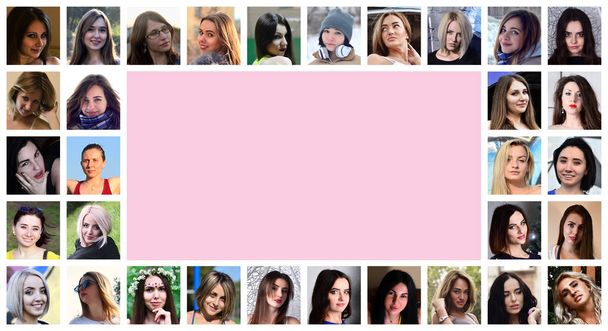 Collage groepsportretten van jonge Kaukasische meisjes voor sociale media netwerk. Set van ronde vrouwelijke pics geïsoleerd op een witte achtergrond met kopie ruimte - Foto, afbeelding