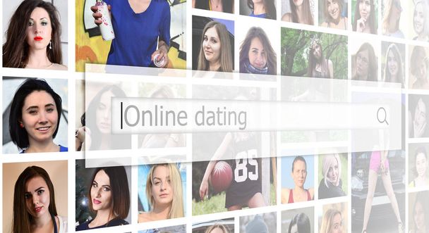 Online dating. Metin kolaj birçok kare kadın portre bir arka plan üzerinde arama kutusu görüntülenir. Dating hizmet kavramı - Fotoğraf, Görsel