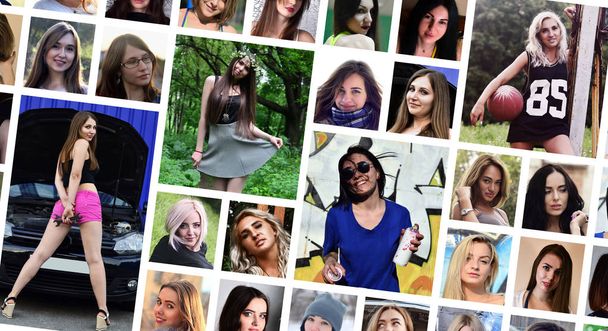 Sosyal medya ağı için genç beyaz kız grup portre kolaj. Beyaz bir arka plan üzerinde izole yuvarlak kadın pics kümesi - Fotoğraf, Görsel