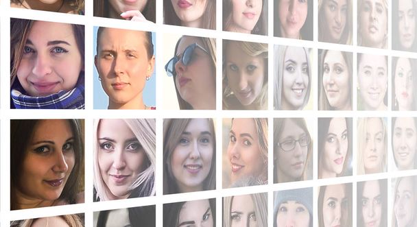 Collage groepsportretten van jonge Kaukasische meisjes voor sociale media netwerk. Set vierkant vrouwelijke avatar geïsoleerd op een witte achtergrond - Foto, afbeelding