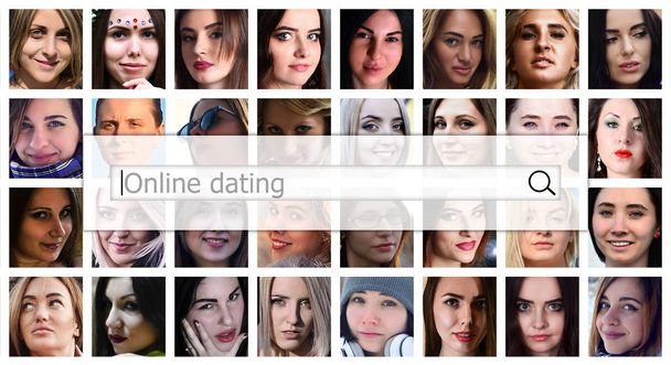 Online daten. De tekst wordt weergegeven in het zoekvak op de achtergrond van een collage van vele vierkante vrouwelijke portretten. Het begrip dienst voor dating - Foto, afbeelding