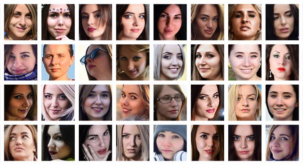 Collage Gruppenporträts junger kaukasischer Mädchen für das soziale Netzwerk. Set von quadratischen weiblichen Avatar isoliert auf weißem Hintergrund - Foto, Bild