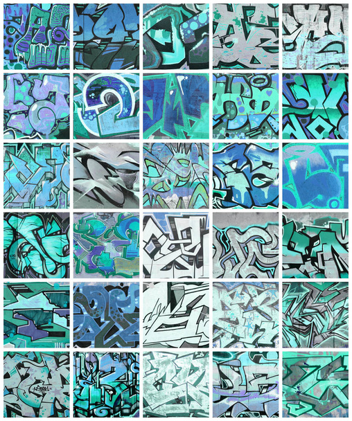 eine Reihe von vielen kleinen Fragmenten von Graffiti-Zeichnungen. Street Art abstrakte Hintergrundcollage in blauen Farben - Foto, Bild