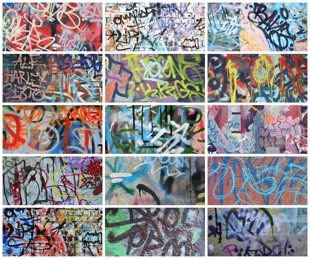 Sada mnoha malých fragmentů tagged zdí. Graffiti vandalismu pozadí abstraktní koláž - Fotografie, Obrázek