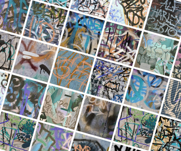 タグ壁の小さな断片のセット。落書き荒らしの抽象的な背景のコラージュ - 写真・画像
