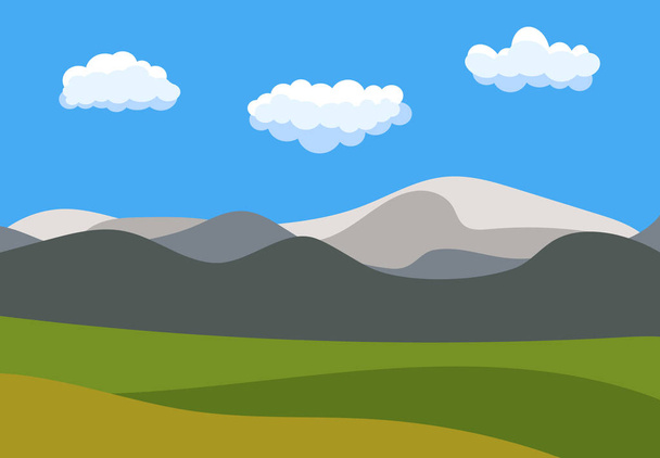 Cartoon-Landschaft im flachen Stil mit blauem Himmel, Wolken, Hügeln und Bergen - Vektor, Bild