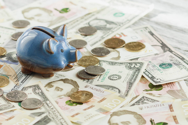 Ukrainian hryvnia, American dollars and a piggy bank - Foto, Bild