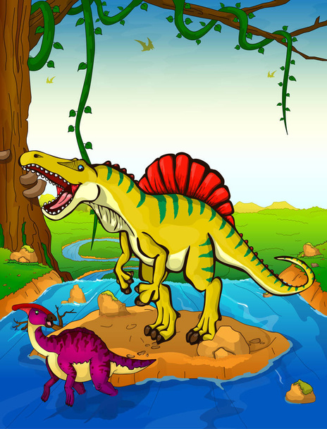 Spinosaurus op de achtergrond van een waterval. - Vector, afbeelding