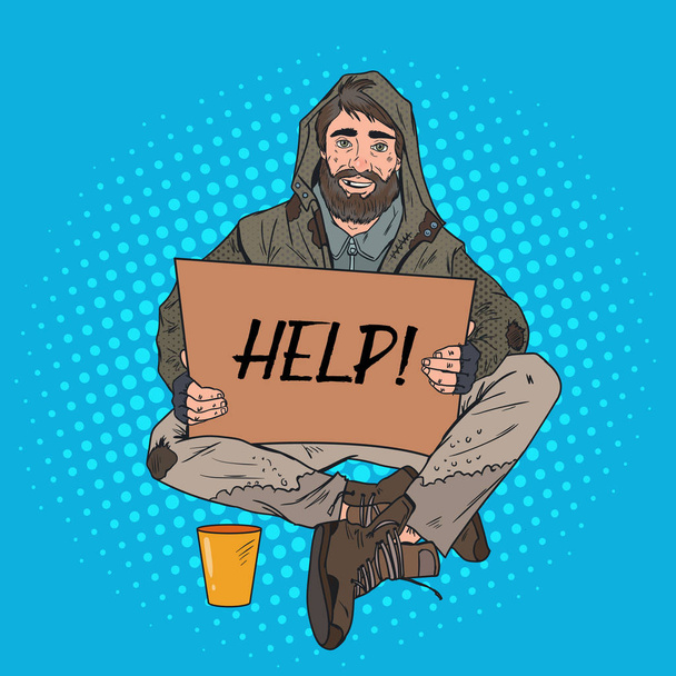 Pop Art άστεγοι Man. αρσενικό ζητιάνος με χαρτόνι σημάδι ζητήστε βοήθεια. Έννοια της φτώχειας. Εικονογράφηση διάνυσμα - Διάνυσμα, εικόνα