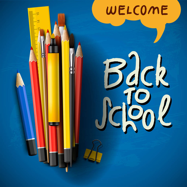 Back to school title words with realistic school items with colored pencils, pen and ruler in a blue background, vector image - Vetor, Imagem