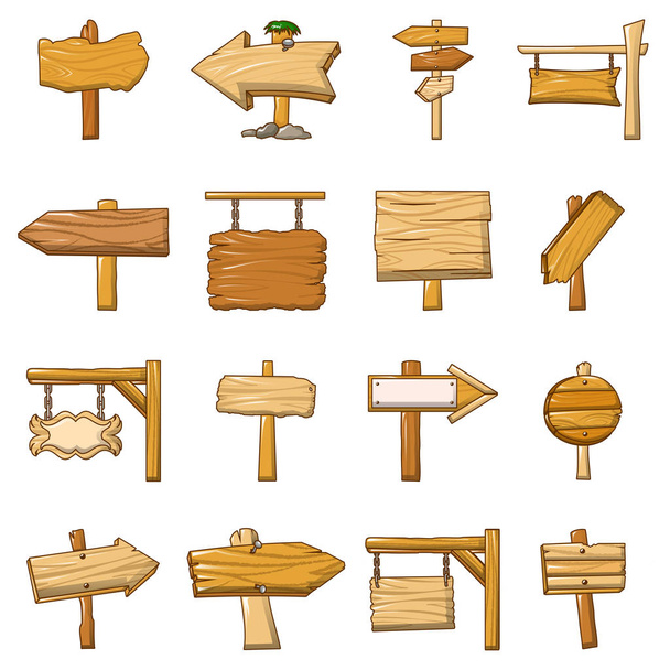 Panneau route icônes en bois ensemble, style dessin animé
 - Vecteur, image