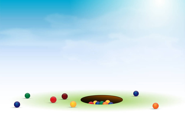 Marbles game with balls and hole under blue sky - Vector, Image
