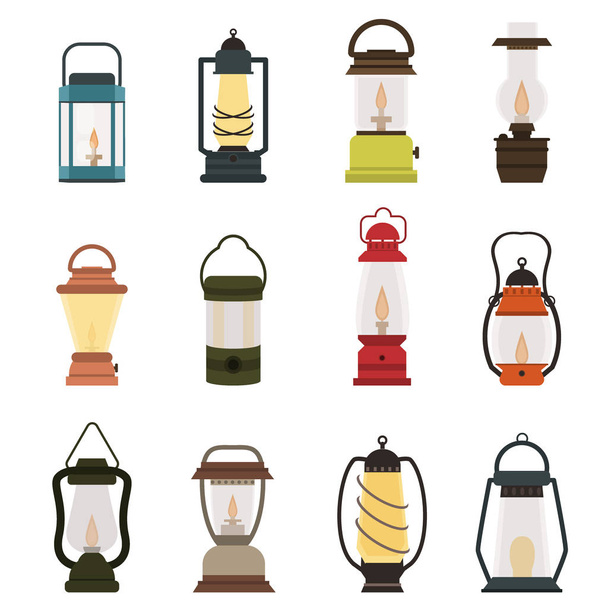 Camping lantern oil lamp vector collection - Vector, Image