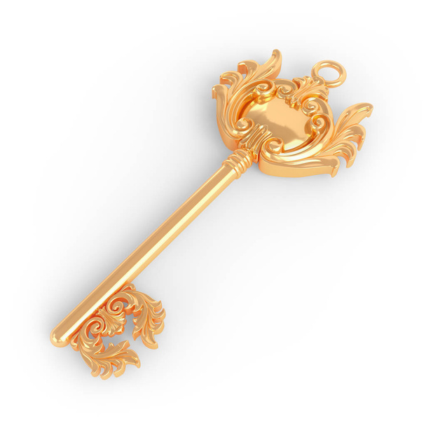 Gold key on a white background, concept. 3D rendering. - Fotó, kép