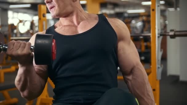 Podnoszenie ciężarów na siłowni - młody muskularny mężczyzna wykonuje szkolenie na biceps z hantlami - z bliska - Materiał filmowy, wideo