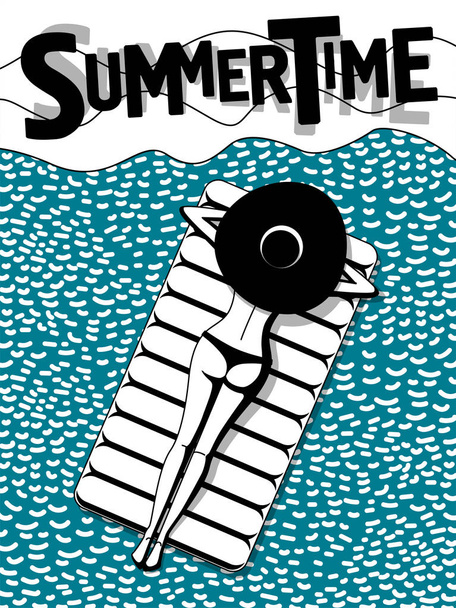 summertime lettering. girl in swimsuit and hat on mattress in sea. - Vektor, kép