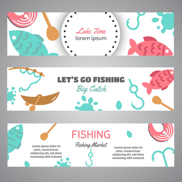 Fishing banner. Lake time text. Banners with quotes about fishing. Flat fish icons, with net or rod. Salmon steak and boat, fisher tackles, baits - Vector, Image