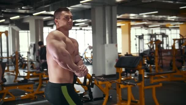 Hombre atlético culturista posando y muestra los músculos cerca del espejo en el gimnasio
 - Metraje, vídeo