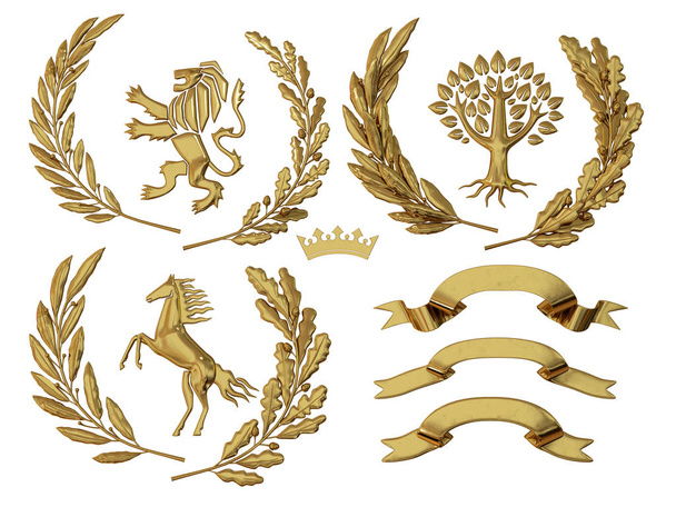 3D illustration, 3d rendering, of heraldry. A set of objects. Golden olive branches, oak branches, crowns, lion, horse, tree. Isolated. 3D modeling. - Zdjęcie, obraz