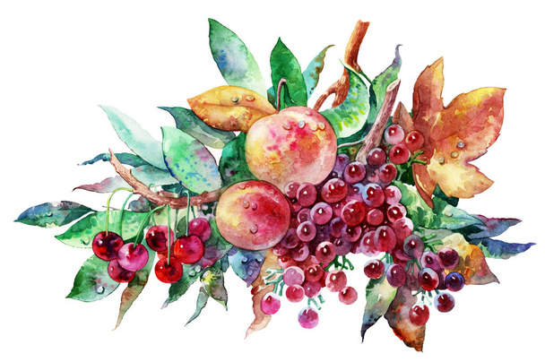 cherries, peaches and grapes on white background - Foto, Imagem