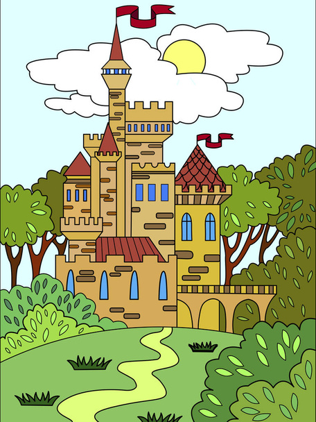 Дитяча кольорова картина Замок у лісі. Будівля зроблена з цегли частіше. П'ятнадцяте століття. Ілюстрація до книги
. - Вектор, зображення