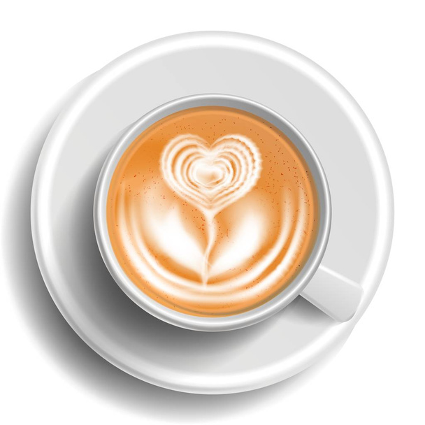 Kahve sanat vektör. Üstten Görünüm. Sıcak Cappuccino kahve. Süt, Espresso. Fast Food Kupası içecek. Beyaz kupa. Gerçekçi izole illüstrasyon - Vektör, Görsel