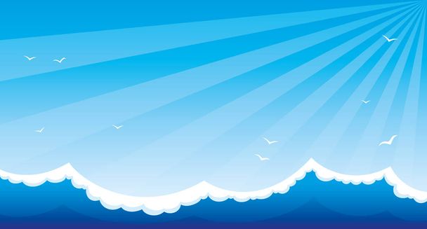 Sea waves and blue sky with birds. - Vector, Image