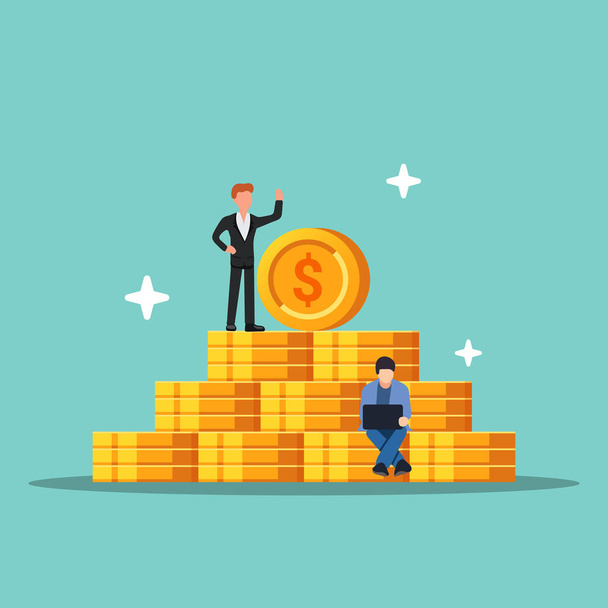 Pyramid of coins. Concept of success and augmentation of money. Little people on the background of the dollar. Flat vector illustration isolated. - Vector, Image