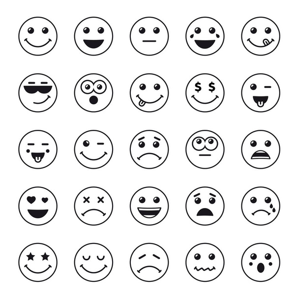 Hat sanatı kümesi ifadeler veya emoji simgeler siyah yuvarlak. Beyaz arka plan üzerinde izole simgeler vektör çizim gülümse. Dünya Smile kartı veya afiş gülümseyen gün için kavram - Vektör, Görsel