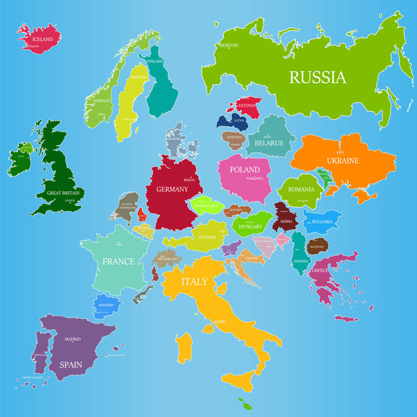 Mapa vectorial de Europa con los países y nombres de sus capitales sobre un fondo azul
 - Vector, Imagen
