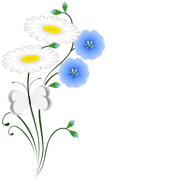 Μπλε λουλούδια λίνου και πεταλούδα σε χαμομήλι. - Διάνυσμα, εικόνα
