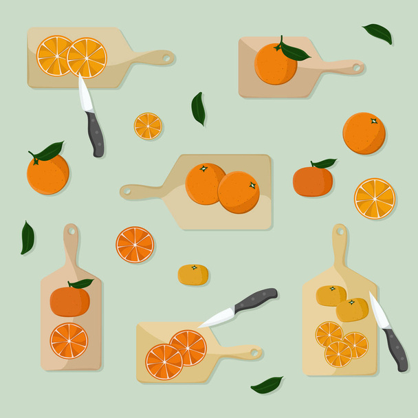 Cutting oranges and tangerines - vector illustration - Vector, Image