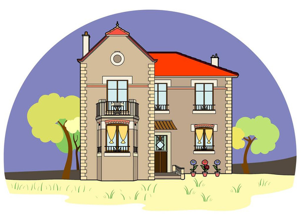 Vektor-Illustration eines Hauses mit gelben Vorhängen, Datei Folge 8 - Vektor, Bild