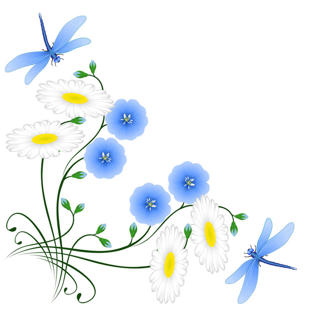  Ecke mit Blüten aus blauem Flachs, Kamille und Libellen. - Vektor, Bild