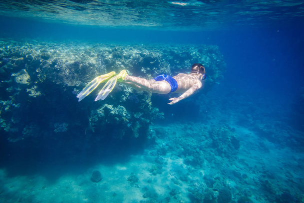 Boy dive in Red sea near coral reef - Foto, Imagem