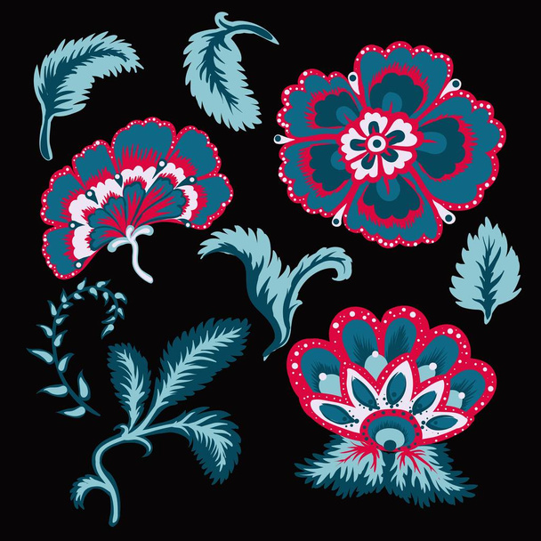 Dekoratif güzel çiçekler ve yapraklar vektör llustration set - Vektör, Görsel