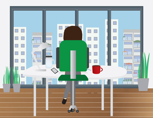 Back view of a woman sitting behind a white desktop and looking at city buildings view  - Vector, Image