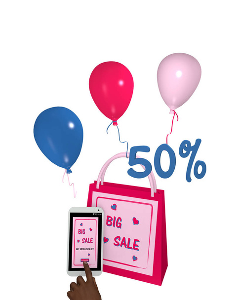 рожева торгова сумка з повітряними кулями, мобільний телефон з продажем 50%
 - Фото, зображення
