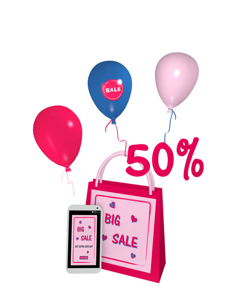 shopping bag rosa con palloncini e cellulare con vendita 50%
 - Foto, immagini