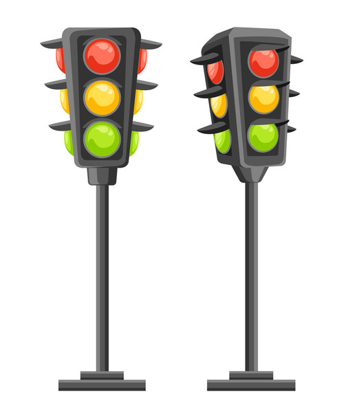 Trafik lambası. Kırmızı, sarı ve yeşil ışıklar ile dikey trafik sinyalleri. Karikatür tarzı tasarım. Beyaz arka plan üzerinde izole vektör çizim. Web sitesi sayfası ve mobil uygulaması tasarım. - Vektör, Görsel