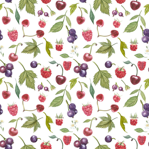 Set of hand drawn berries isolated on white background. Blackcurrant, cherry, raspberry. Watercolor hand drawn sketch berries. Seamless pattern. - Foto, Imagen