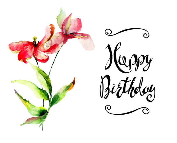 Tulip and Lily flowers with Happy Birthday - Foto, Imagen