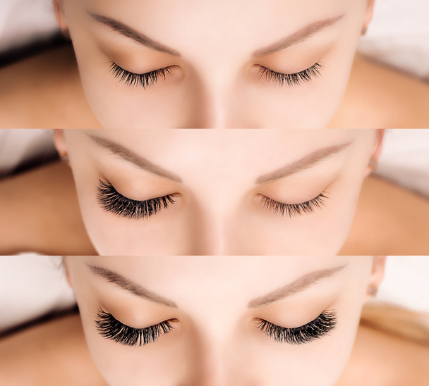 Szempilla hosszabbítás. A női szemek összehasonlítása a kezelés előtt és után. - Fotó, kép