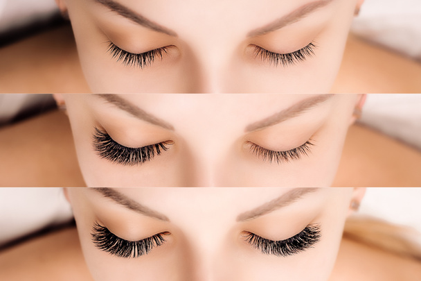 Extension des cils. Comparaison des yeux féminins avant et après. - Photo, image
