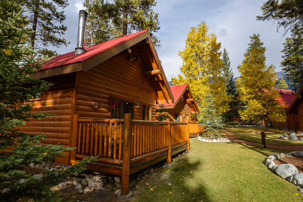 Комфортабельный тихий деревянный отель в разноцветном осеннем лесу
 - Фото, изображение