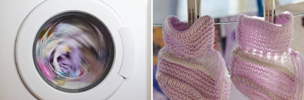Collage de la puerta de la lavadora con prendas giratorias en el interior
 - Foto, Imagen