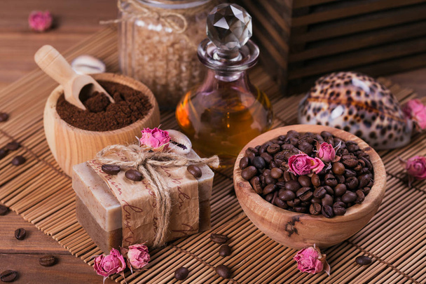 Natural handmade soap, aromatic cosmetic oil, sea salt with coffee beans - Fotoğraf, Görsel