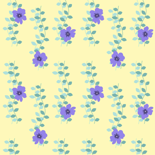 Vzor bezešvé s purple květiny a zelené listy na žlutém podkladu. Lze použít pro balení dárků, dlaždice pozadí tkaniny. Vektorové ilustrace. - Vektor, obrázek