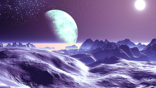 Alien Moon hvězdné obloze. Jasné slunce svítí, pouštní horské krajiny. Nad obzorem je hustá mlha. Velký měsíc v polostínu.  - Záběry, video